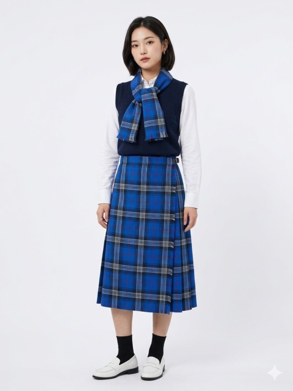 VTG Highland Home Industries Wool Plaid Pleated Kilt Wrap Skirt Scarf Set 8 Kpop